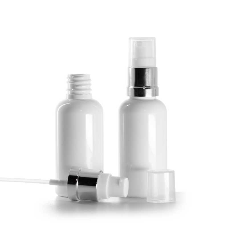 Flacone plastico, bianco, dosatore bianco argento lucido, 50 ml