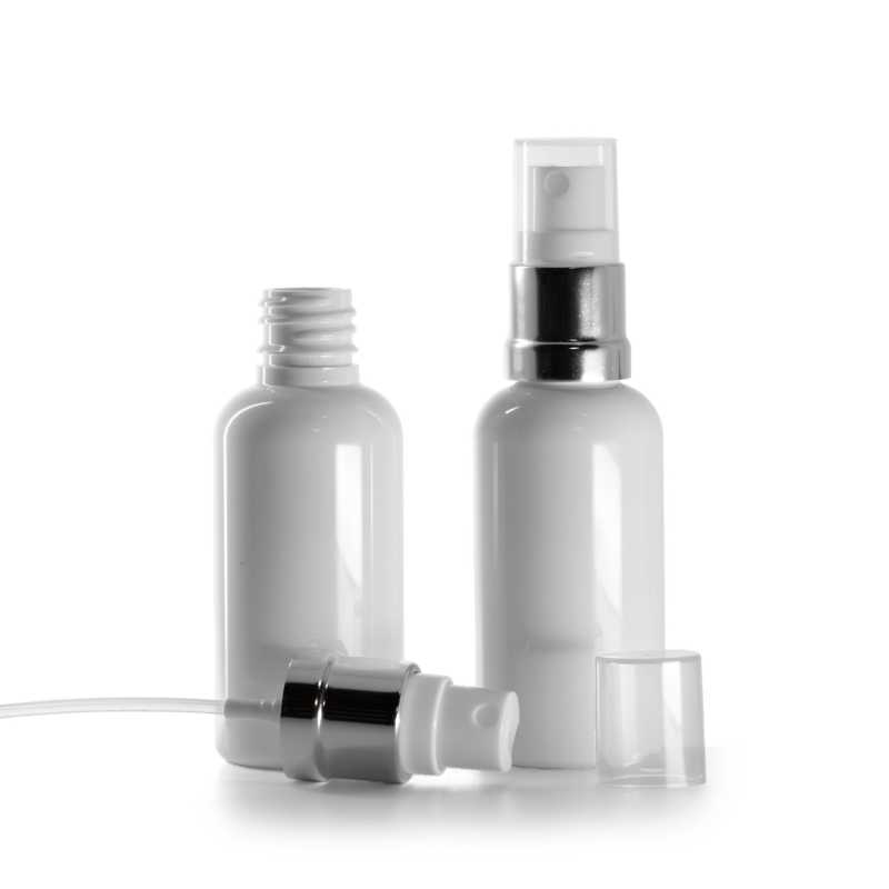 Bottiglia in plastica, bianca, spruzzatore bianco argento, 50 ml