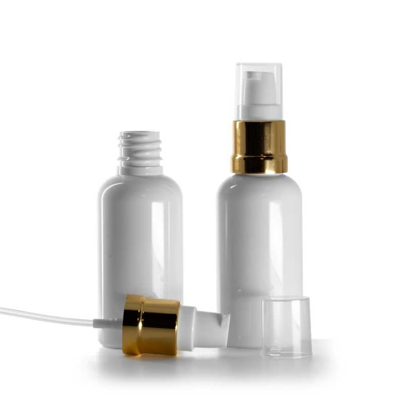 Flacone in plastica, bianco, dosatore bianco oro lucido, 50 ml