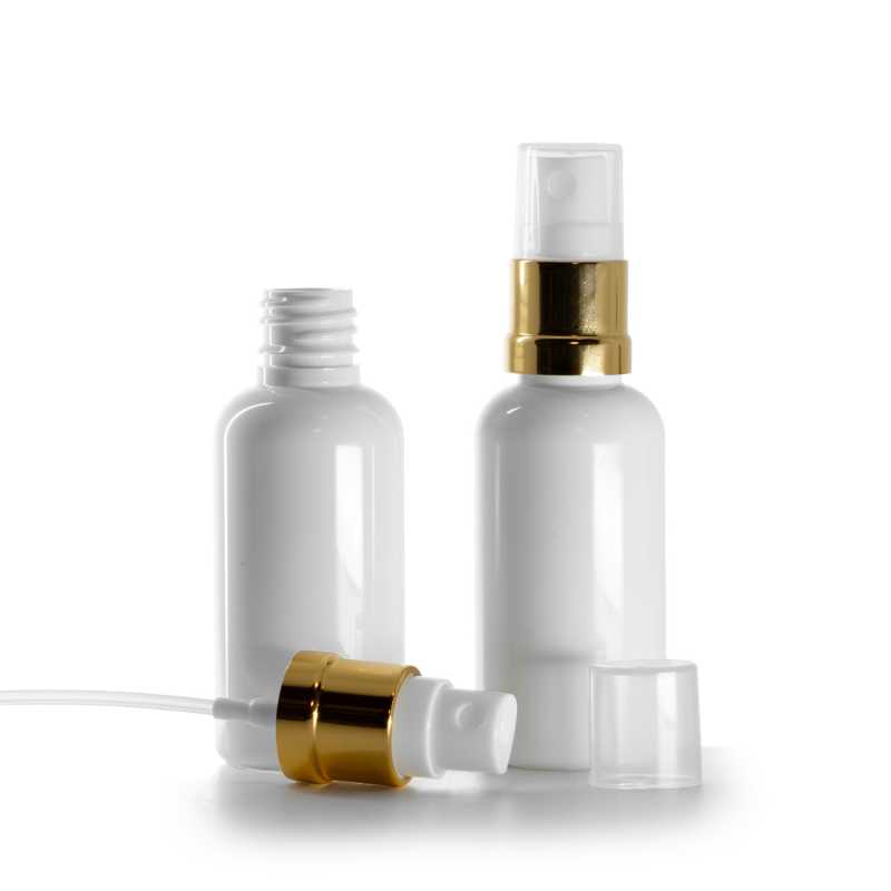 Flacone in plastica, bianco, spruzzatore bianco e oro, 50 ml