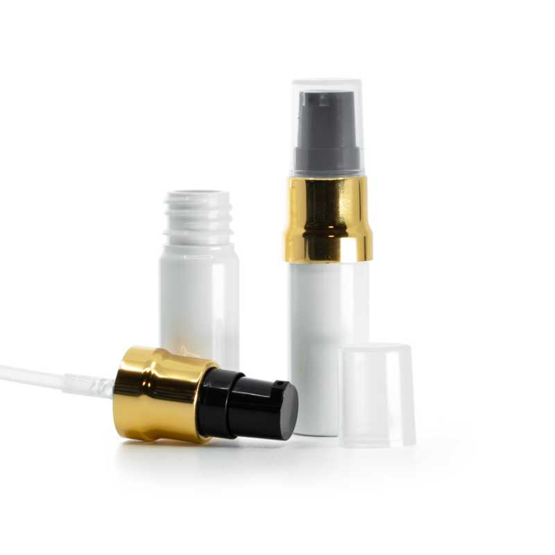 Flacone airless, plastica, bianco, dosatore nero e oro lucido, cappuccio trasparente, 10 ml