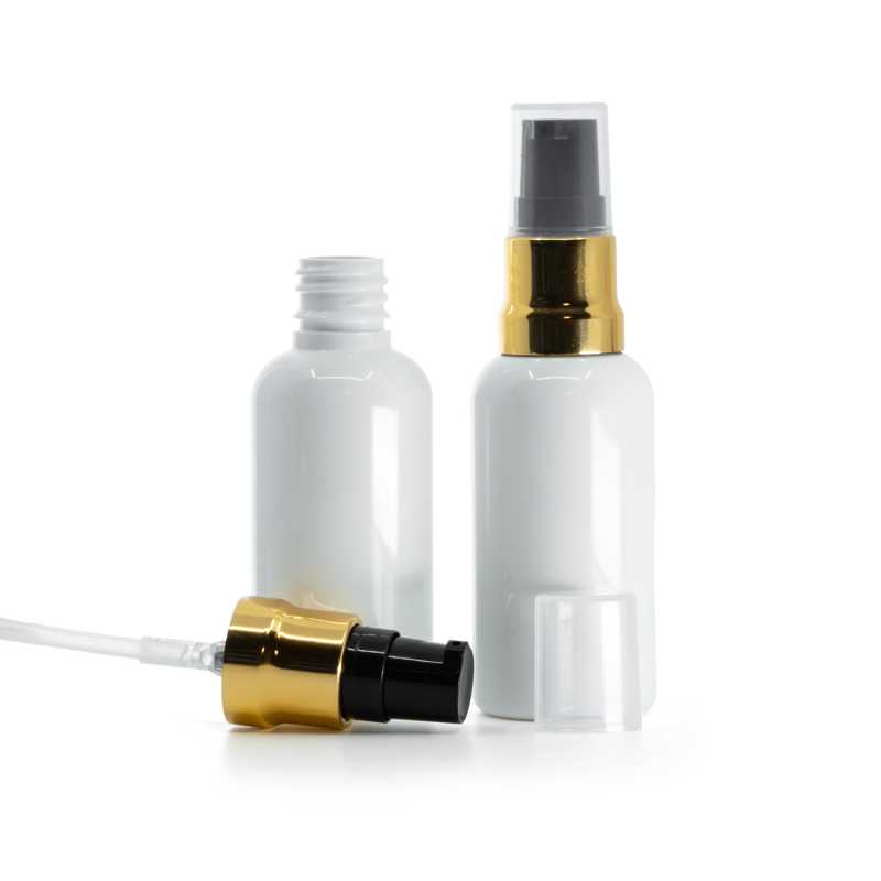 Flacone in plastica, bianco, dosatore nero e oro lucido con sovratappo trasparente, 10 ml
