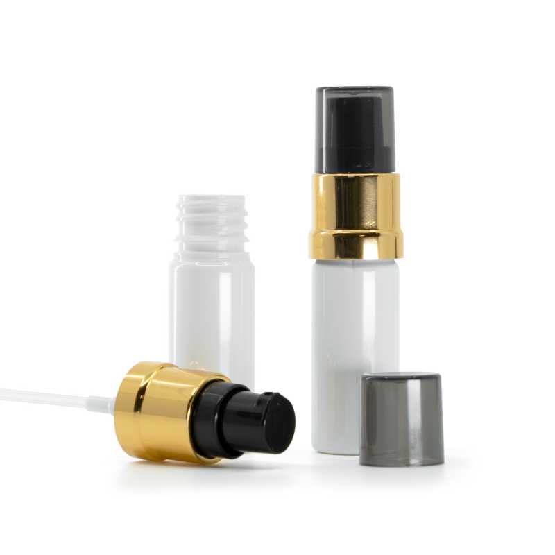 Flacone di plastica bianco, dosatore nero e oro lucido con sopra-tappo fumé, 10 ml