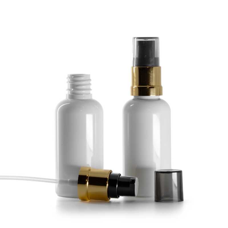 Flacone di plastica bianco, pompa lucida nero-oro con sopra-tappo fumé, 50 ml