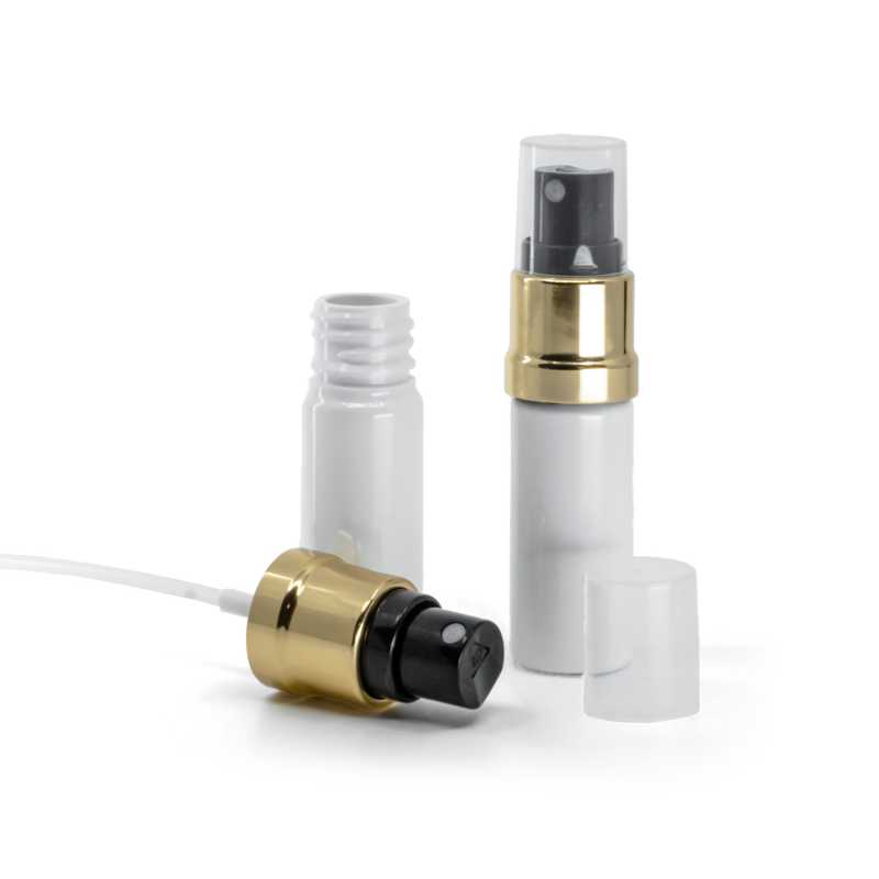 Bottiglia in plastica, bianca, spruzzatore nero oro, 10 ml