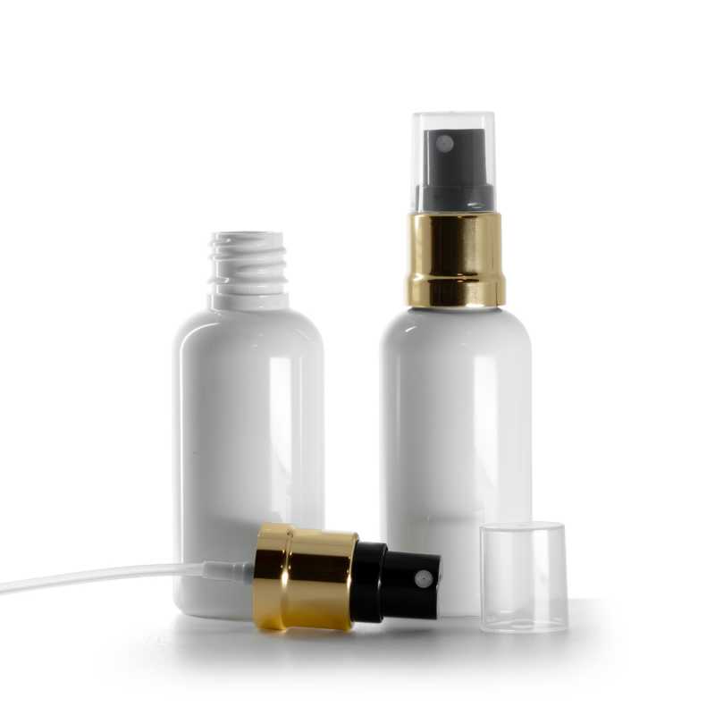 Flacone in plastica, bianco, spruzzatore nero e oro, 50 ml