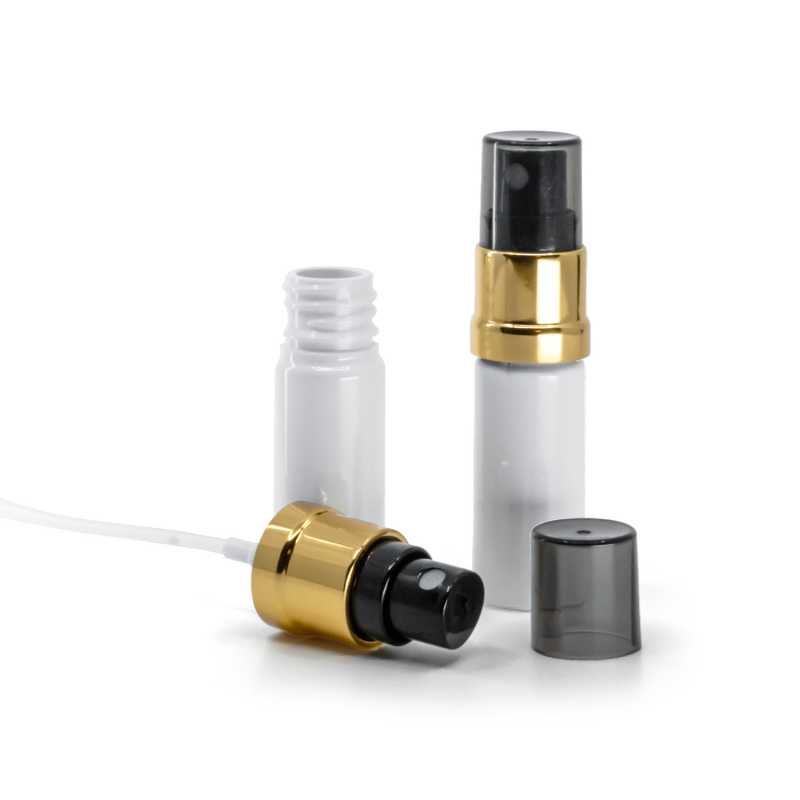 Flacone di plastica bianco, spruzzatore nero e dorato, sopra-tappo fumé, 10 ml
