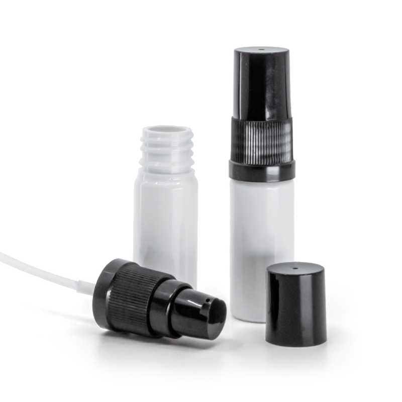 Flacone in plastica, bianco, dosatore lozione nero con sovratappo nero, 10 ml