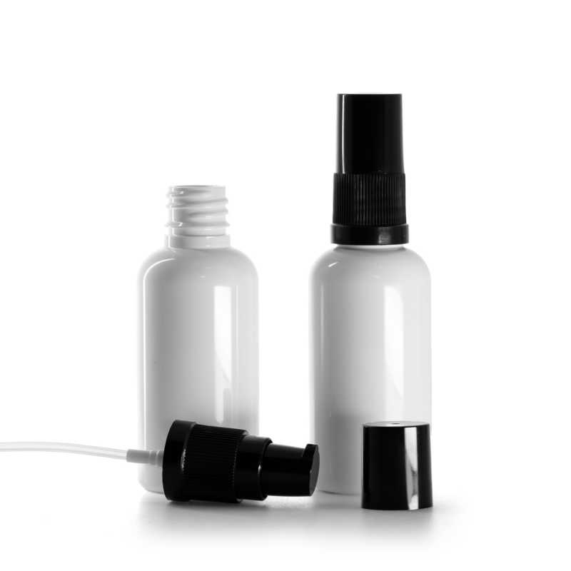 Flacone in plastica, bianco, dosatore lozione nero con cappuccio nero, 50 ml