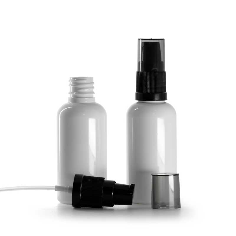 Flacone di plastica bianco, dosatore di crema nero con sopra-tappo fumé, 50 ml