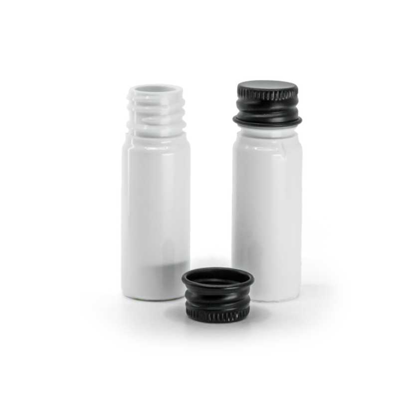 Flacone in plastica, bianco, tappo in alluminio nero, 10 ml