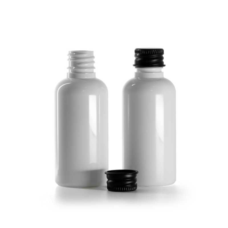 Flacone in plastica, bianco, tappo in alluminio nero, 50 ml