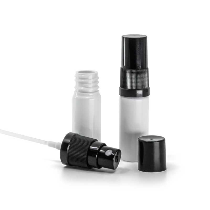 Bottiglia in plastica, bianca, spruzzatore nero, tappo nero, 10 ml