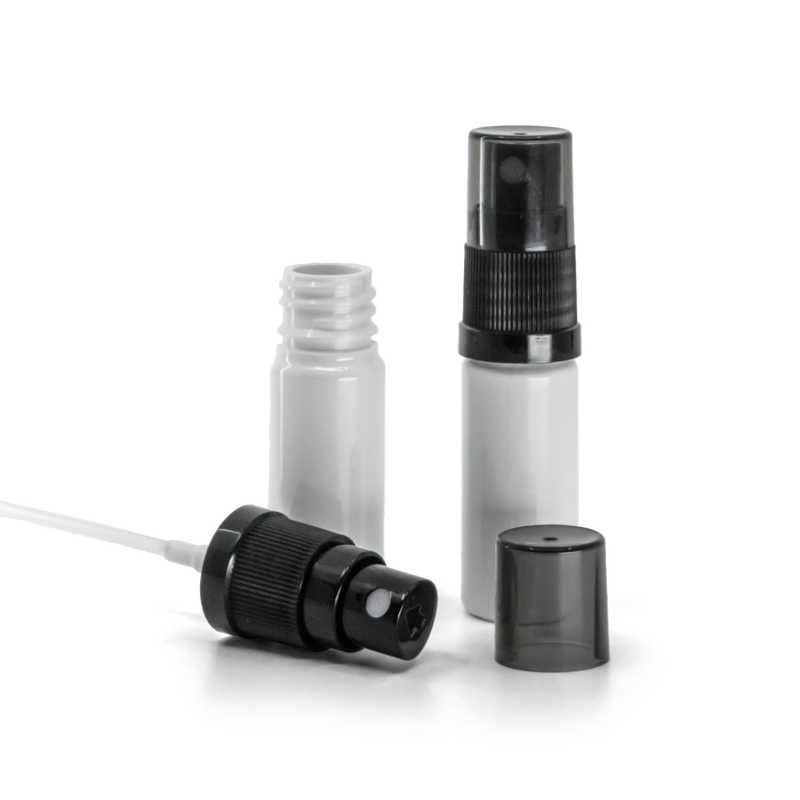 Flacone di plastica bianco, spruzzatore nero con sopra-tappo fumé, 10 ml