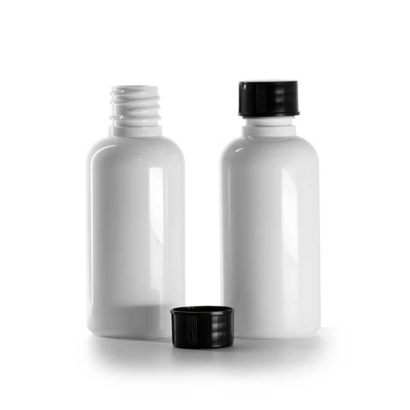 Bottiglia di plastica, bianca, tappo nero, 50 ml