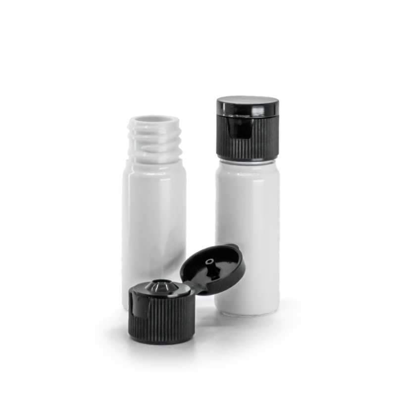Bottiglia in plastica, bianca, tappo flip top in plastica, nero, 10 ml