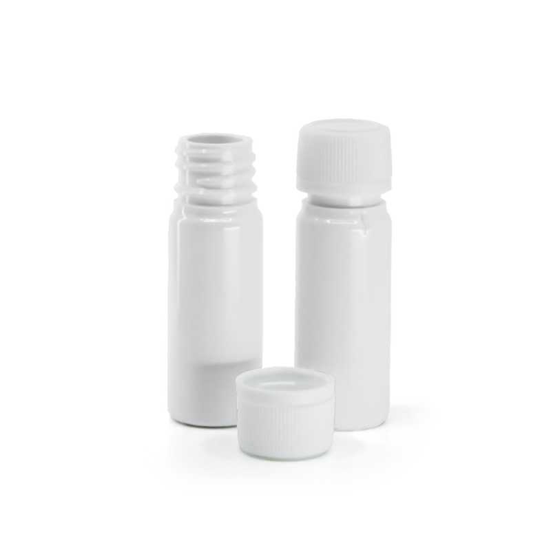 Flacone in plastica, bianco, tappo antimanomissione in plastica, zigrinato, 18/410, 10 ml