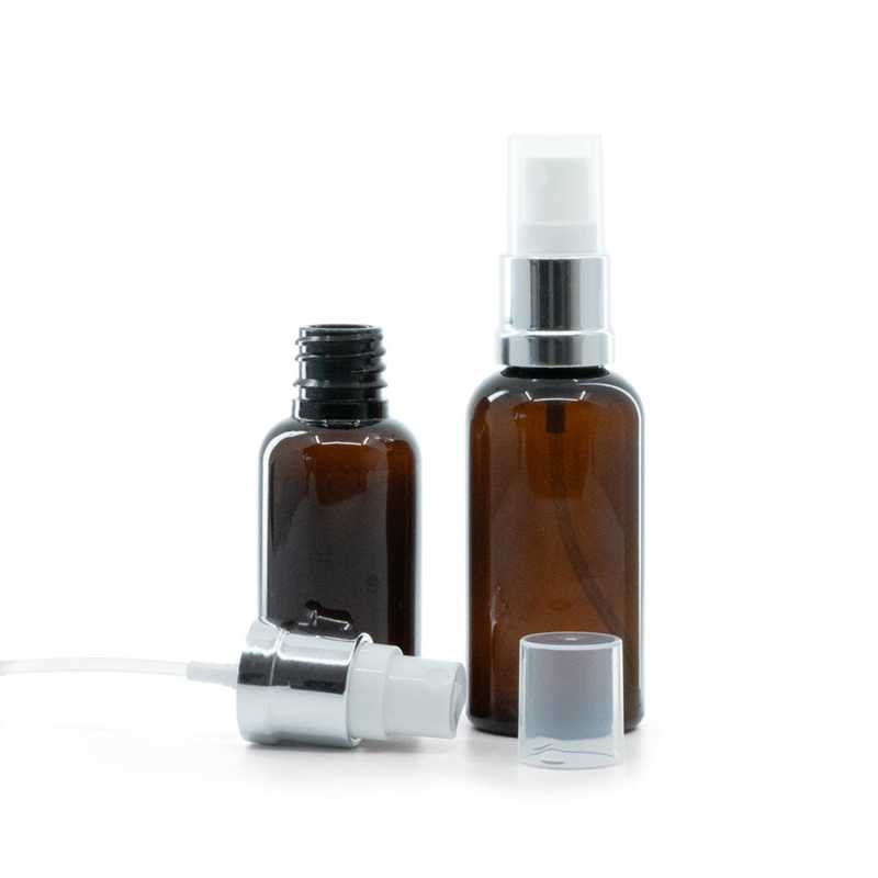 Flacone in plastica ambra, spruzzatore, bianco argento, 30 ml