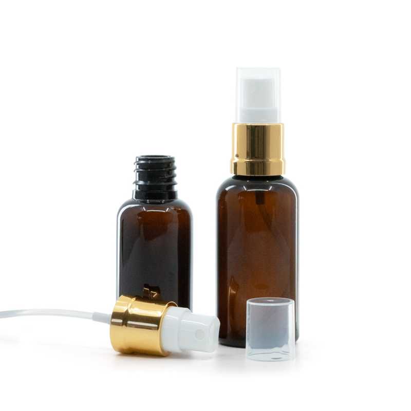 Flacone in plastica, ambra, spruzzatore, bianco e oro, 30 ml