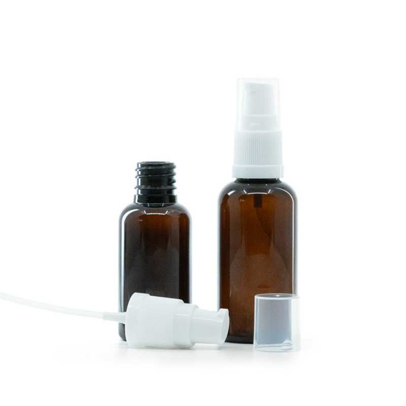 Flacone in plastica, ambra, dosatore bianco, 30 ml
