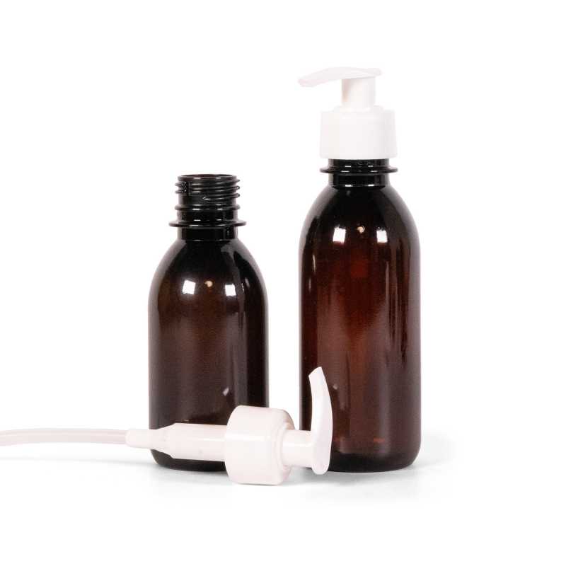 Flacone di plastica marrone, pompa liscia bianca 130 mm, 150 ml