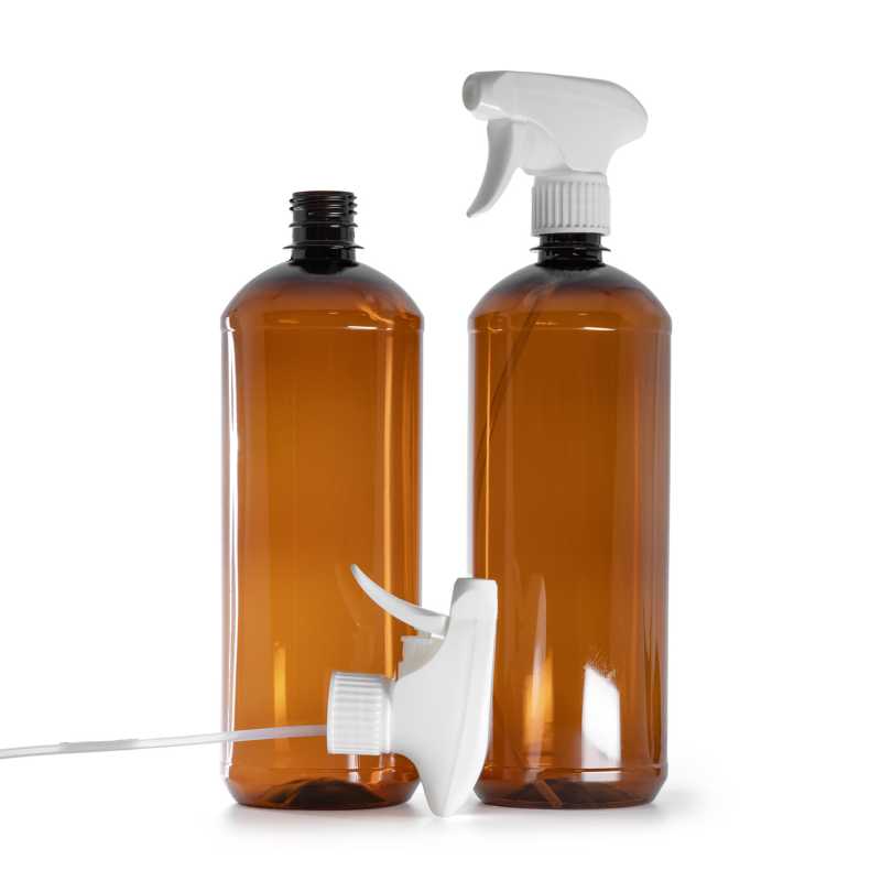 Bottiglia di plastica marrone, spruzzatore a grilletto bianco, 1000 ml