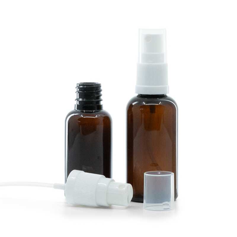 Flacone in plastica, ambra, spruzzatore bianco, 30 ml