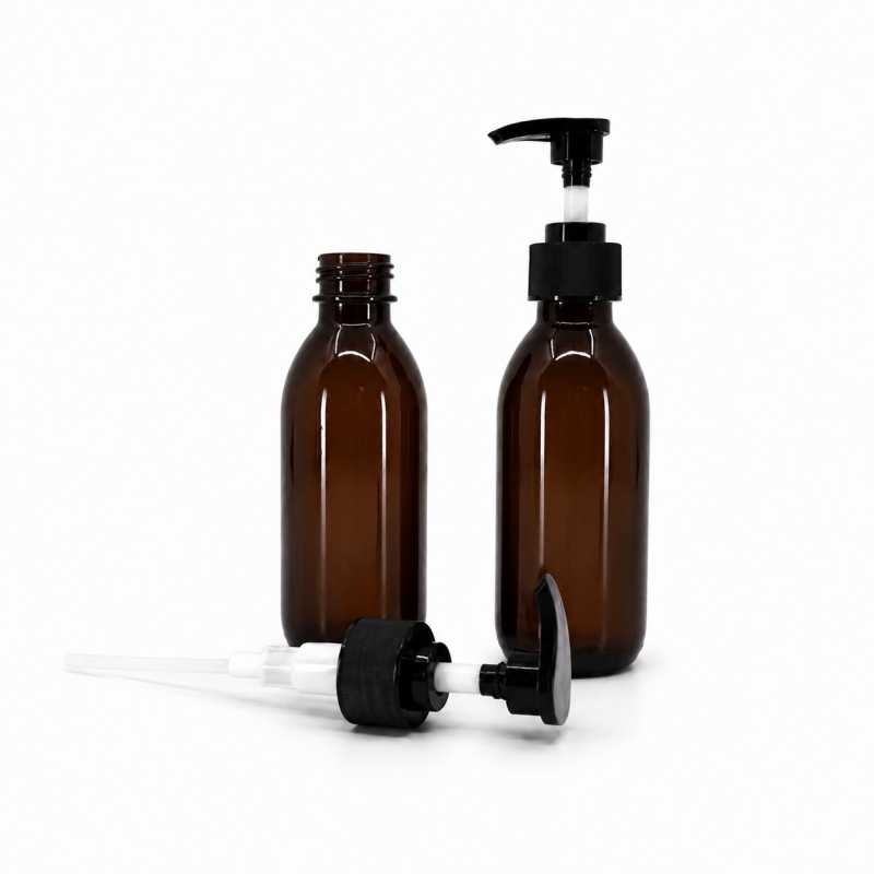 Bottiglia di plastica marrone, pompa lozione in plastica nera, 150 ml