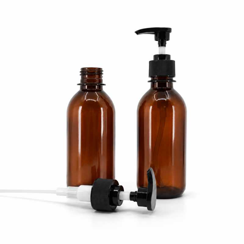 Bottiglia di plastica marrone, pompa zigrinata nera, 200 ml