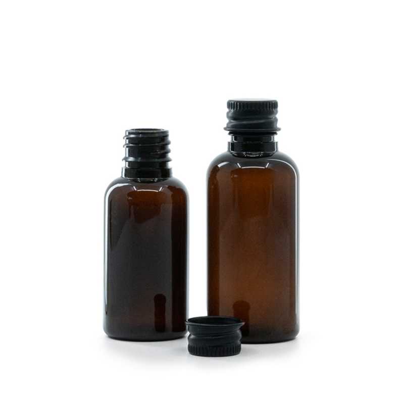 Flacone in plastica ambra, tappo in alluminio nero, 30 ml