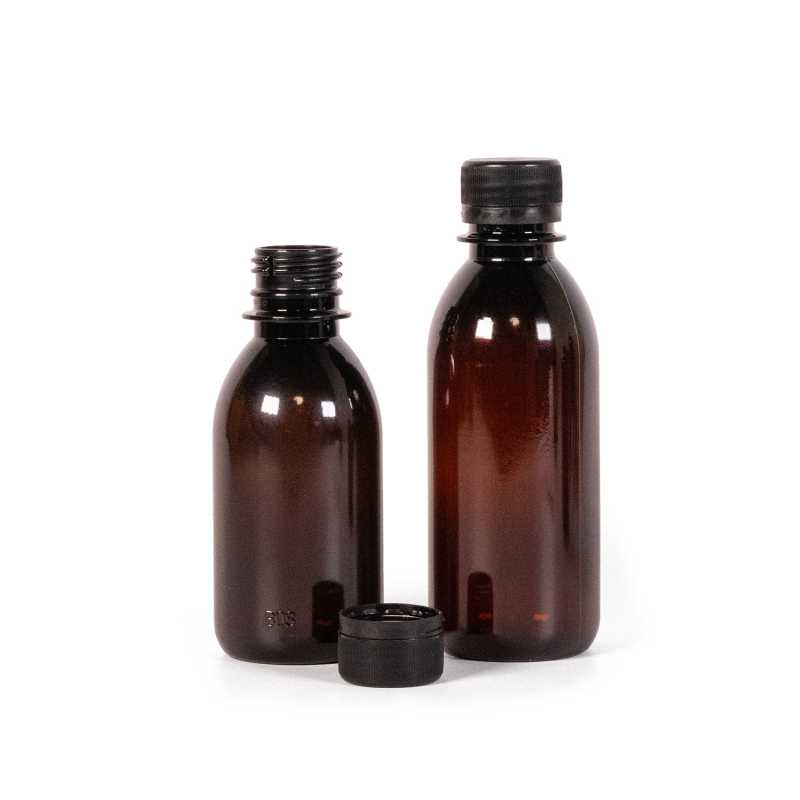 Bottiglia di plastica marrone, tappo nero, 200 ml