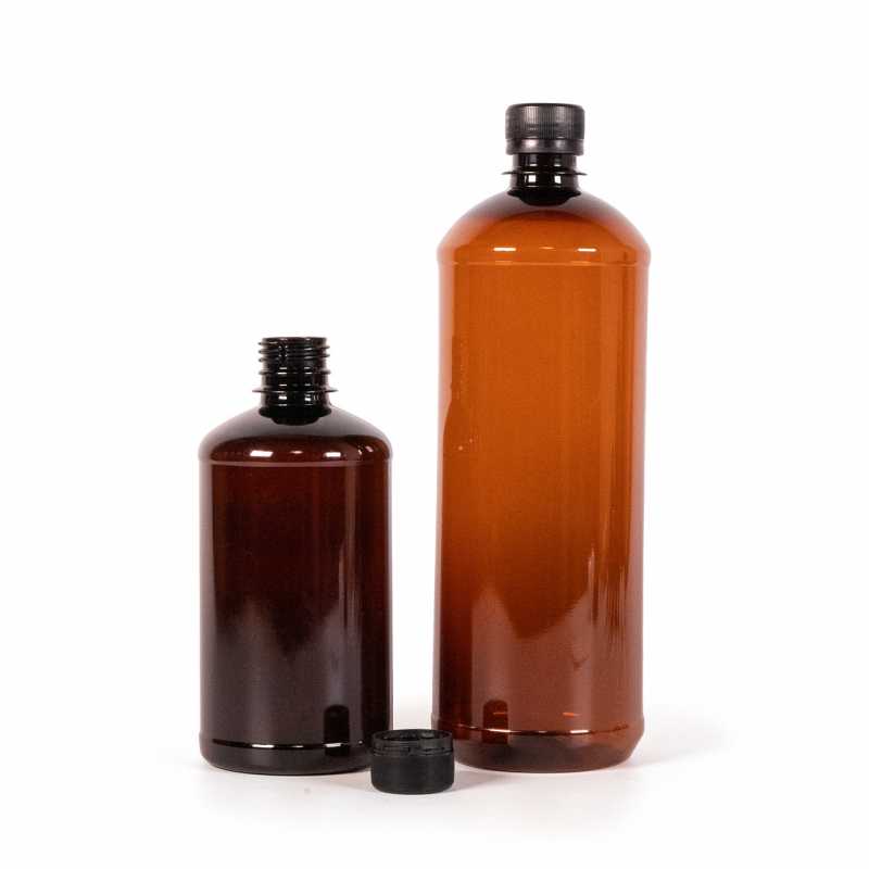 Bottiglia di plastica marrone, tappo nero, 500 ml