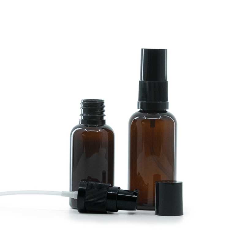 Flacone in plastica, ambra, dosatore lozione con anello nero, 30 ml