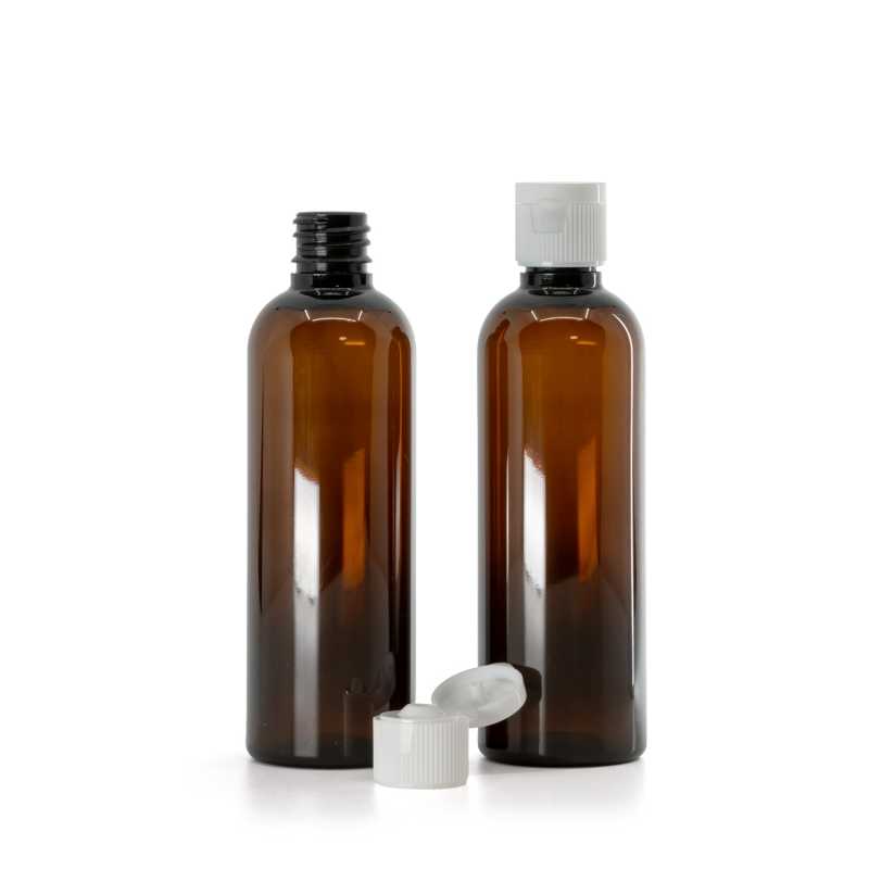 Flacone in plastica, ambra, tappo flip top bianco, 18/410, 100 ml