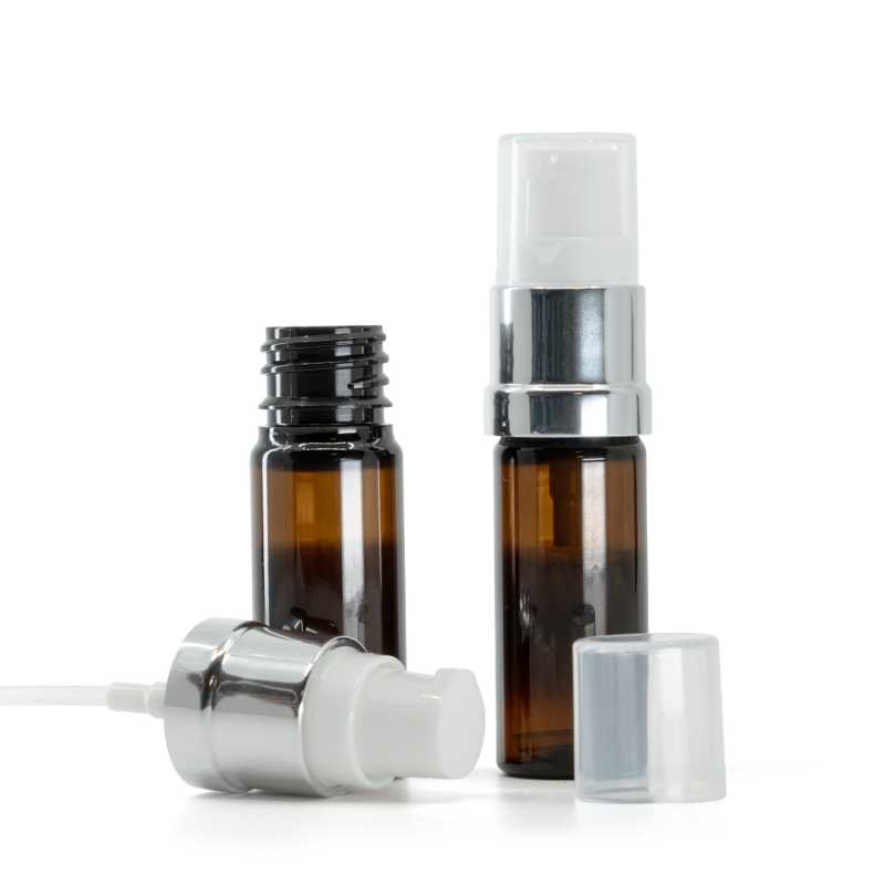 Flacone in plastica, ambra, dosatore bianco argento lucido, 10 ml