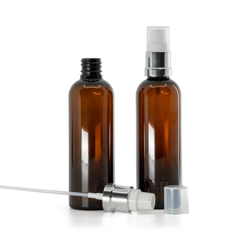 Bottiglia in plastica, ambra, dosatore bianco e argento lucido, 100 ml