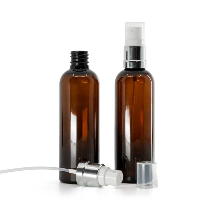 Flacone in plastica, ambra, spruzzatore bianco argento, 100 ml