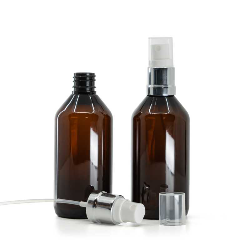 Bottiglia in plastica, ambra, spruzzatore bianco argento, 115 ml