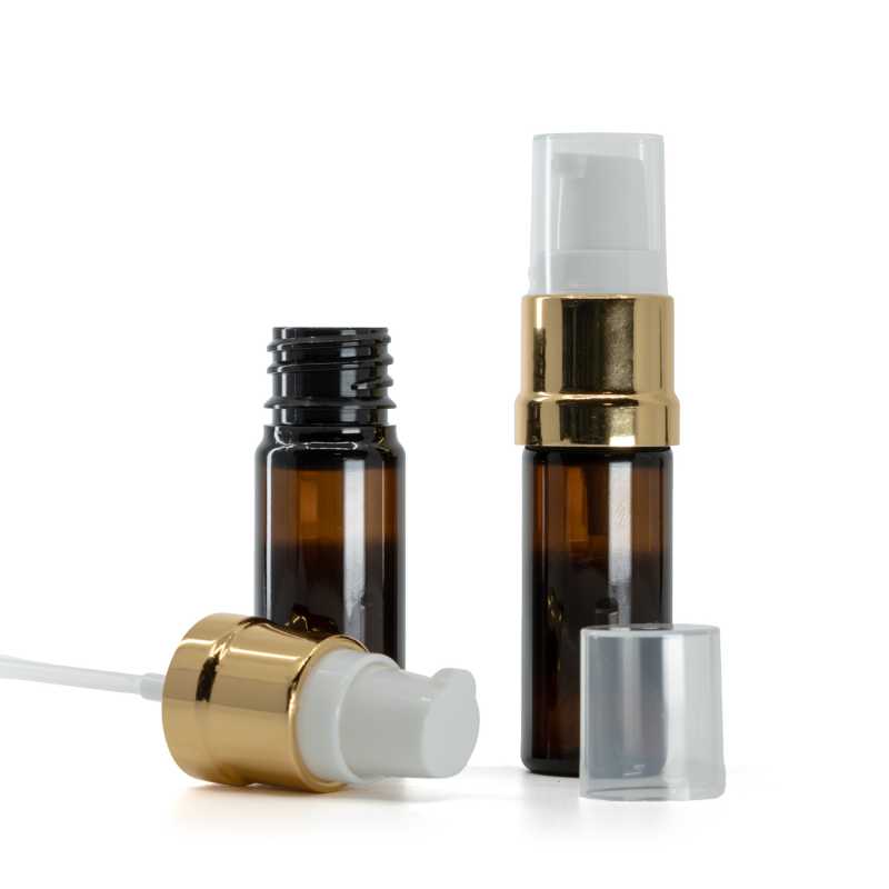Flacone in plastica ambra, pompa bianco oro lucida, 10 ml