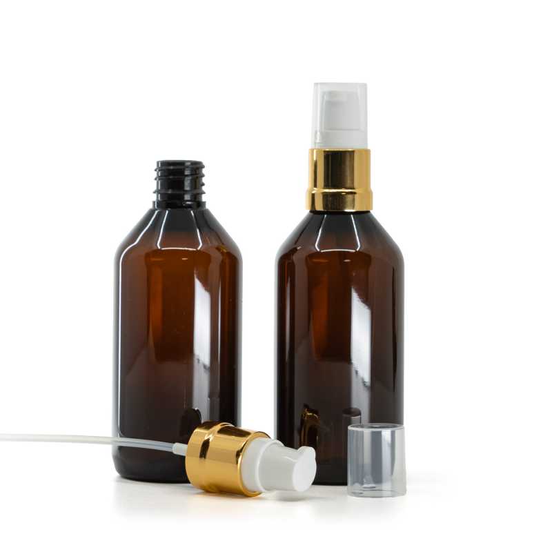 Bottiglia in plastica, ambrata, dosatore bianco e dorato lucido, 115 ml