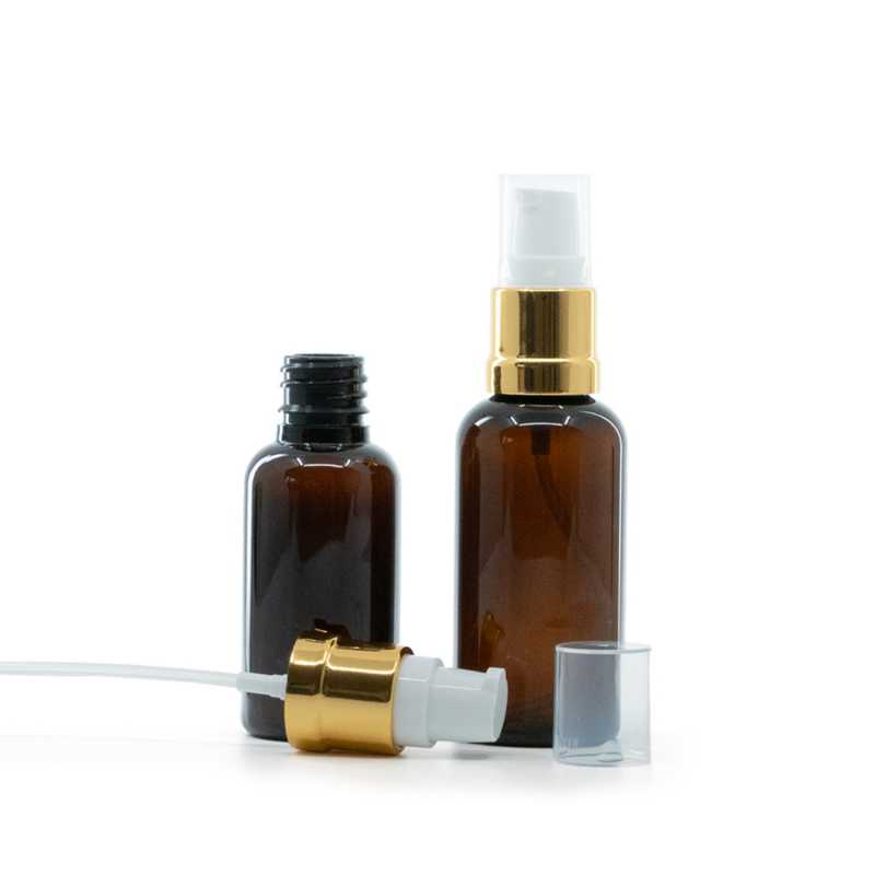 Bottiglia plastica ambra, dosatore bianco oro lucido, 30 ml