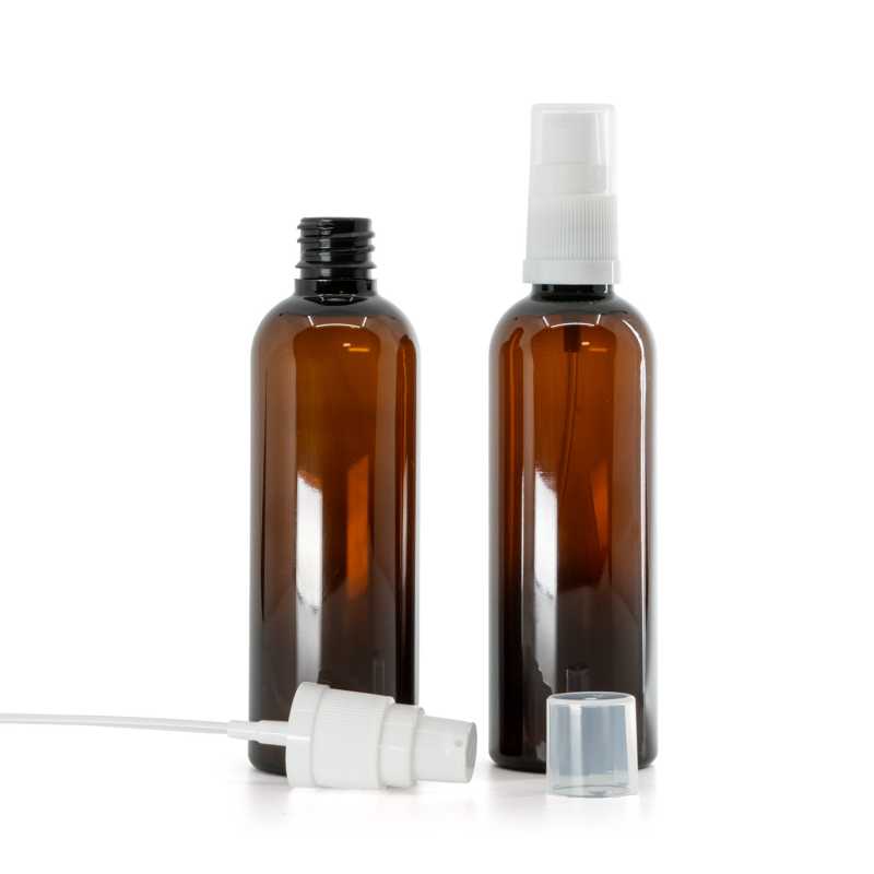 Flacone in plastica, ambra, dosatore bianco, 100 ml