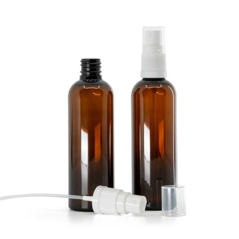 Flacone in plastica, ambra, spruzzatore bianco, 100 ml