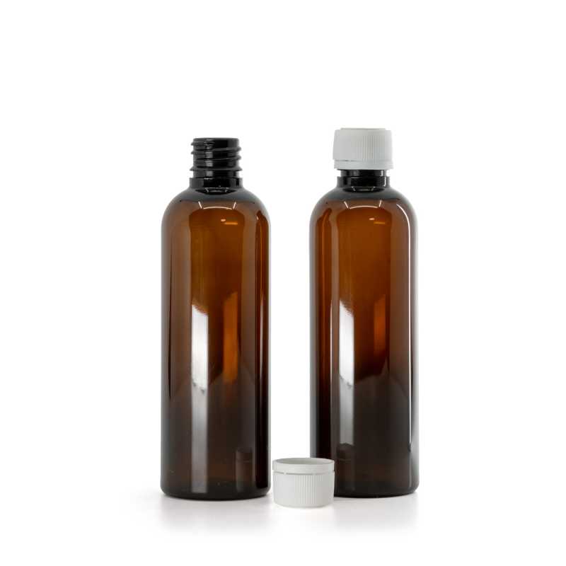 Bottiglia in plastica, ambra, tappo di sicurezza bianco con anello, 100 ml