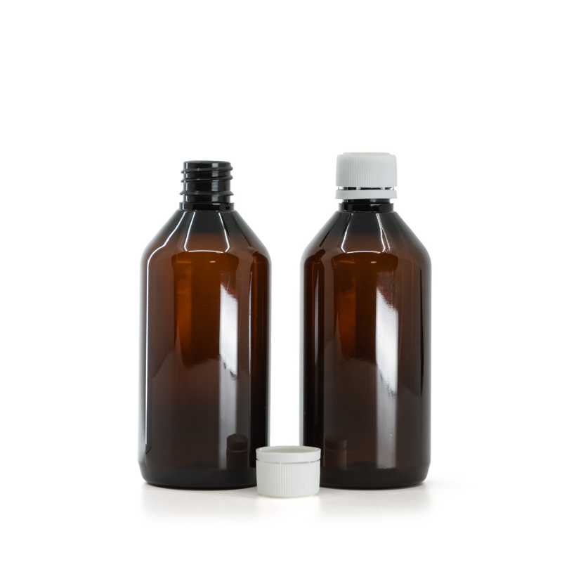 Bottiglia in plastica, ambra, tappo di sicurezza bianco, 115 ml