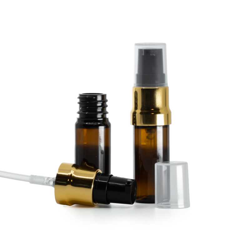 Flacone in plastica, ambra, dispenser nero e oro lucido con sovratappo trasparente, 10 ml