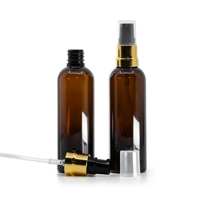 Flacone in plastica, ambra, dispenser nero e oro lucido, cappuccio trasparente, 100 ml
