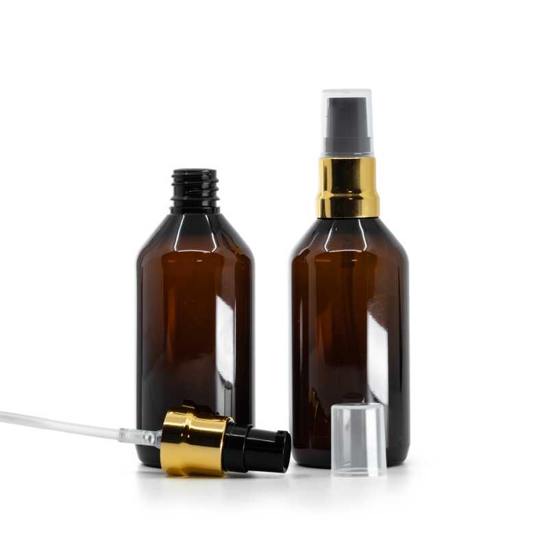 Flacone in plastica, ambra, dispenser nero oro lucido, sovratappo trasparente, 115 ml