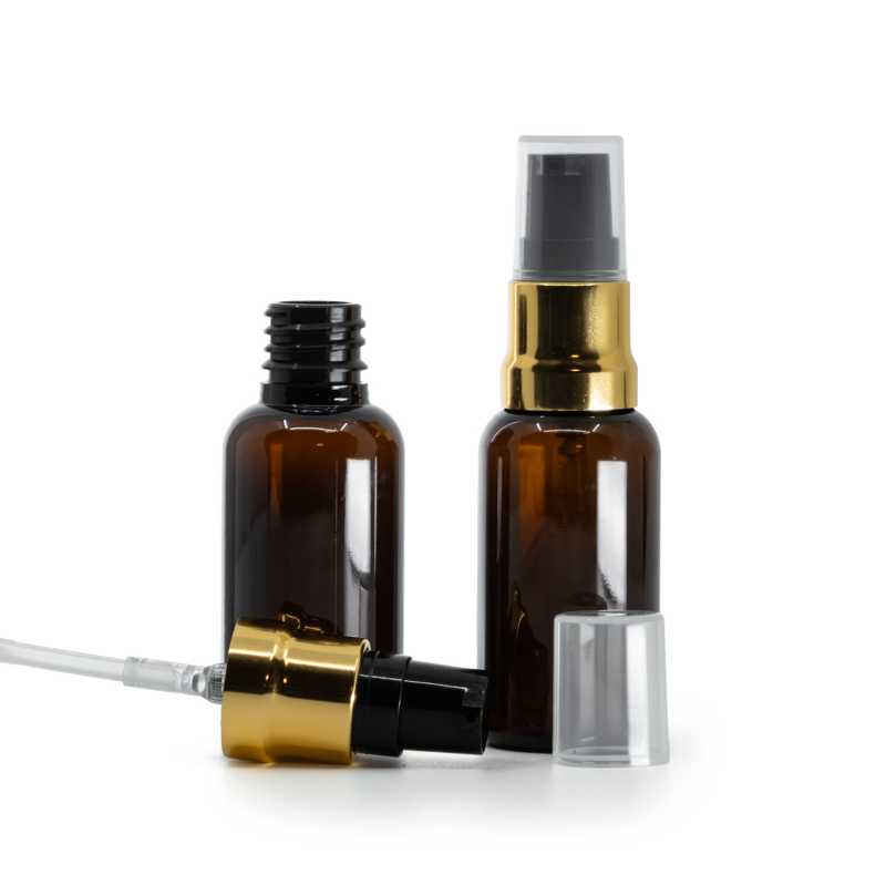 Flacone di plastica ambra, dosatore nero oro lucido, cappuccio trasparente, 30 ml
