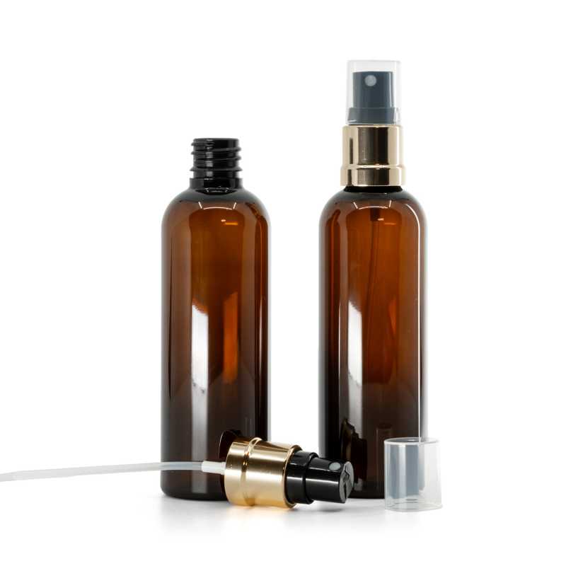 Flacone in plastica, ambra, spruzzatore, nero oro, 100 ml